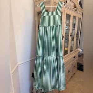 Green and White Sleeveless Striped Tiered Maxi Dress / Preppy Dress